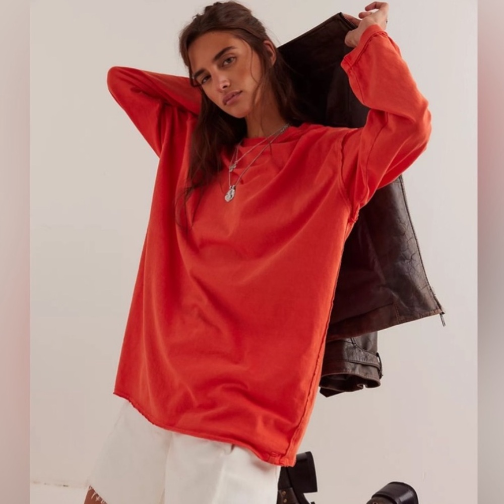 Free People Ellen Long Sleeve Oversized Tee In Red Quash. NWOT! Sz S